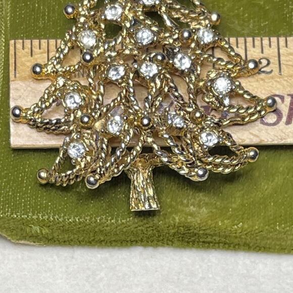 Vintage Christmas Tree Brooch Pin Jeanne Signed Gold Rope Rhinestone MCM 50s - Picture 8 of 8
